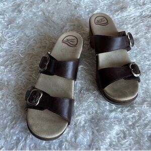 Dansko Leather Sophie Heeled Sandals/Slides Sz 10.5-11 EU 41 Brown Beige